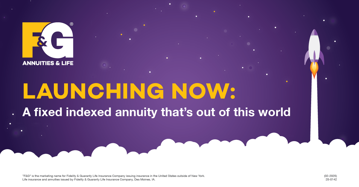 Advertisement featuring a rocket ship taking off for F&G 1-2-3's FIA product announcement